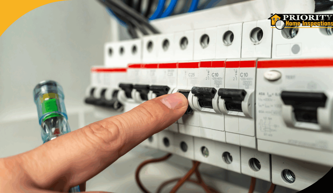 A close-up of an electrical breaker panel being inspected.