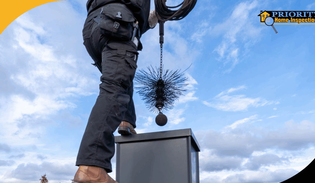 Chimney sweep cleaning a chimney from the roof using a brush.